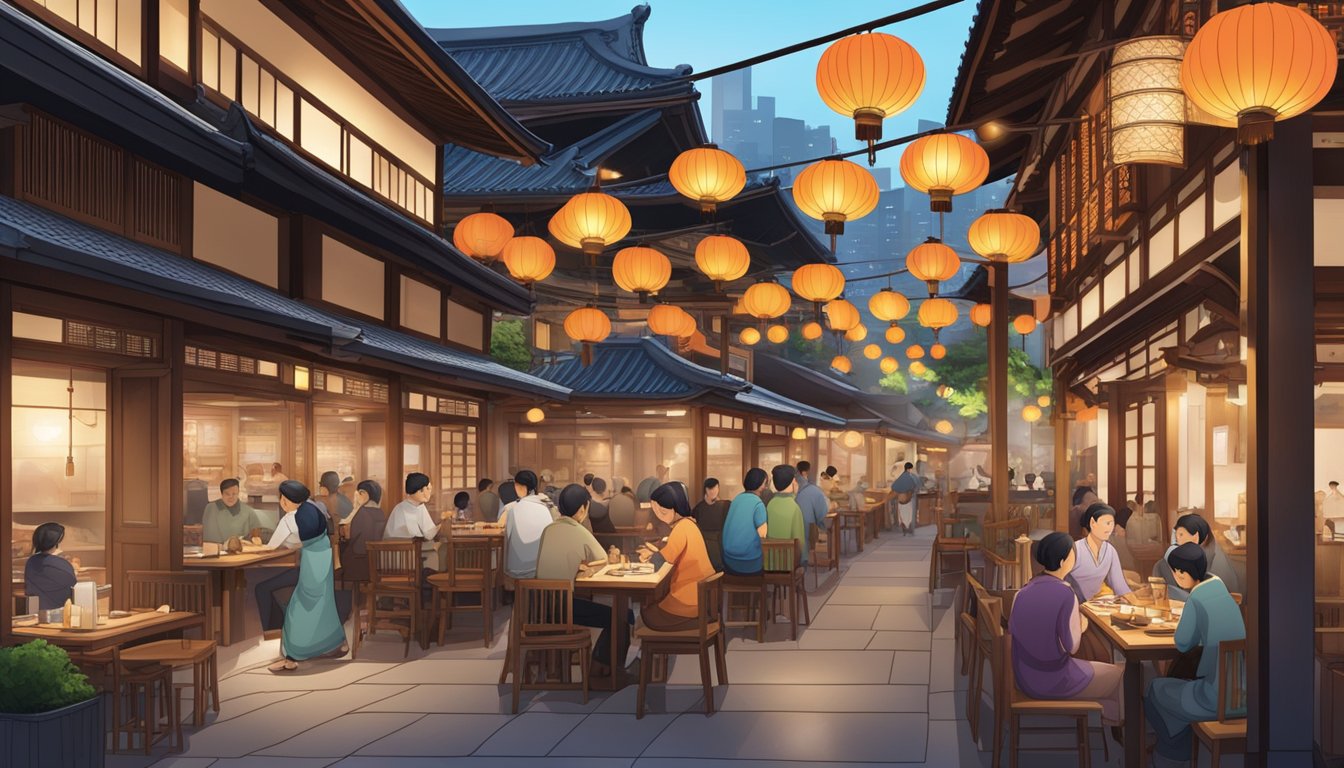 A bustling Japanese restaurant in Plaza Singapura, with colorful lanterns, traditional wooden architecture, and a bustling open kitchen