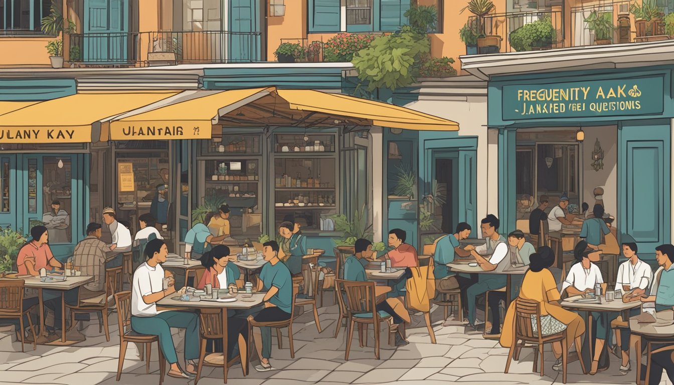 A bustling restaurant with a sign reading "Frequently Asked Questions jalan kayu" in bold letters. Customers dining at outdoor tables, and waiters bustling around