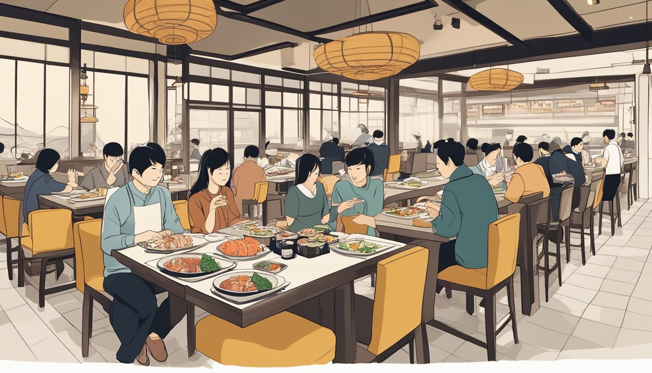 Customers savouring Japanese dishes in a bustling restaurant at Plaza Singapura. Sushi, sashimi, and tempura plates adorn the tables, while the aroma of miso soup and grilled meats fills the air