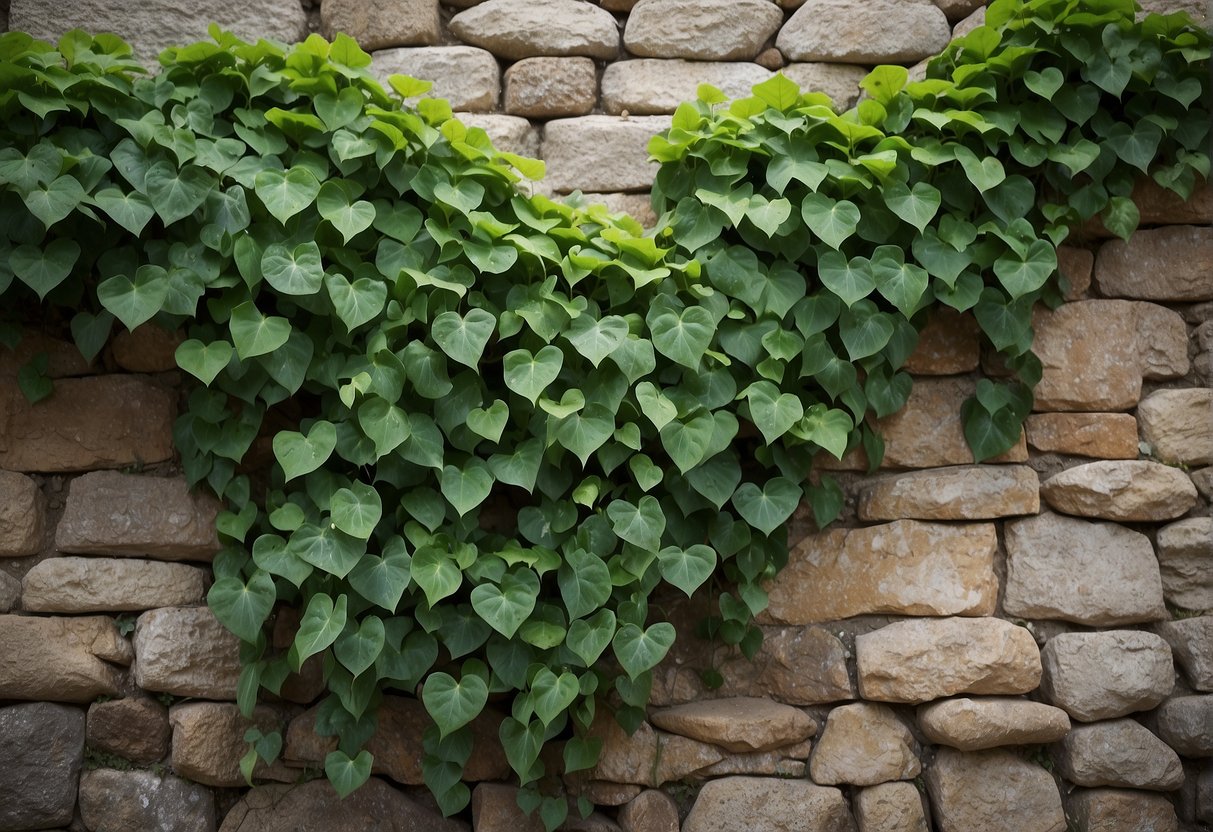 Lush green ivy cascades down a weathered stone wall, intertwining with delicate tendrils and heart-shaped leaves. A variety of ivy plant types, from English to Algerian, create a rich tapestry of textures and shades of green