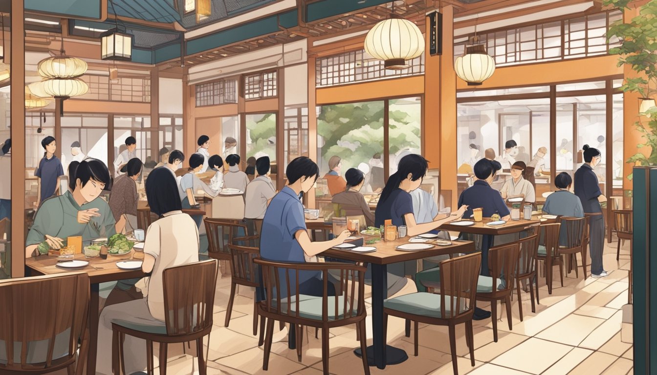 A bustling Japanese restaurant in Plaza Singapura with customers dining and servers attending to tables. Signs and menus in Japanese decorate the walls
