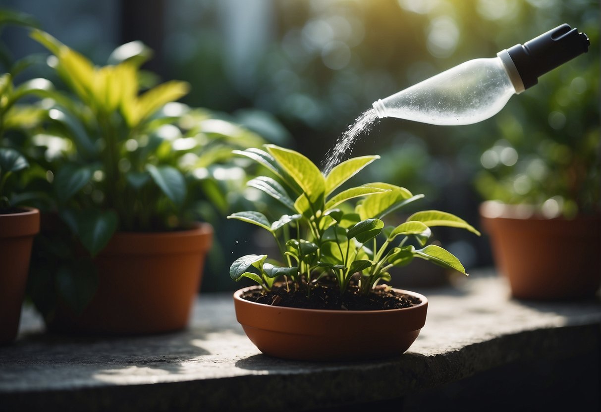 Spray bottle misting leaves of potted plants with natural insecticide