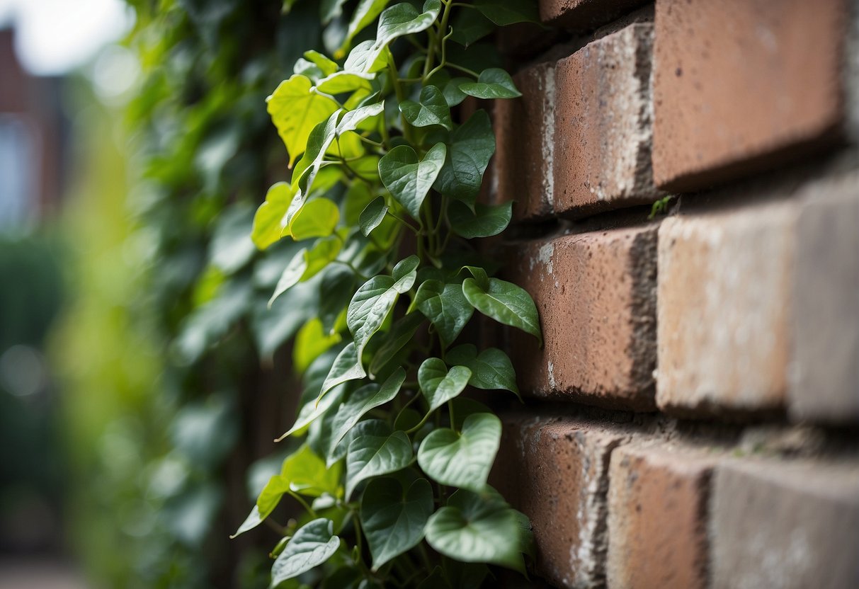 Lush green ivy climbs up a weathered brick wall, intertwining with other plant types in an outdoor setting