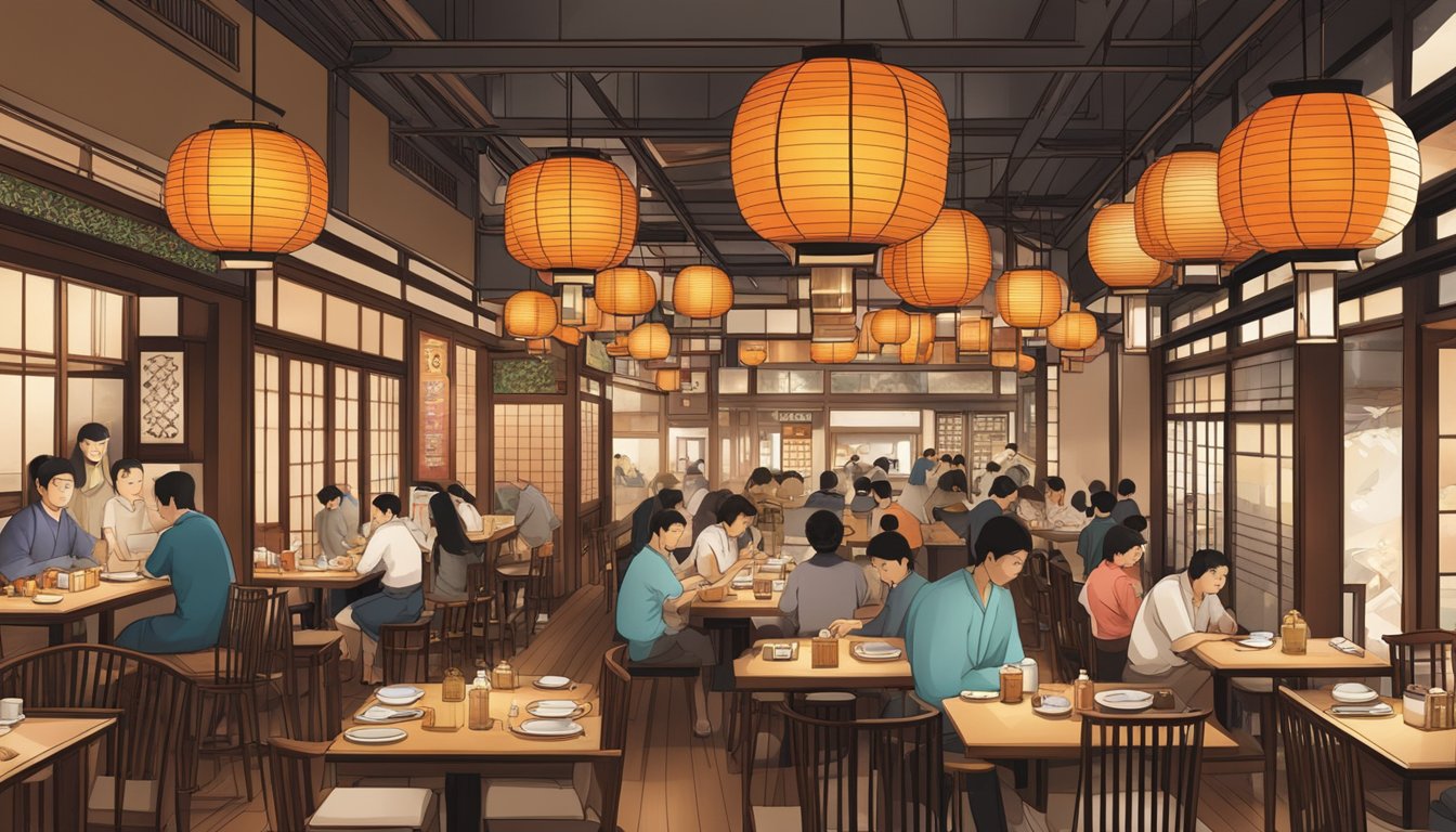 A bustling Japanese restaurant in Raffles Place, with traditional lanterns, wooden decor, and a sushi bar