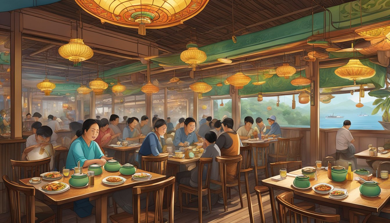 A bustling kam boat teochew restaurant with colorful decor and steaming hot pots on every table