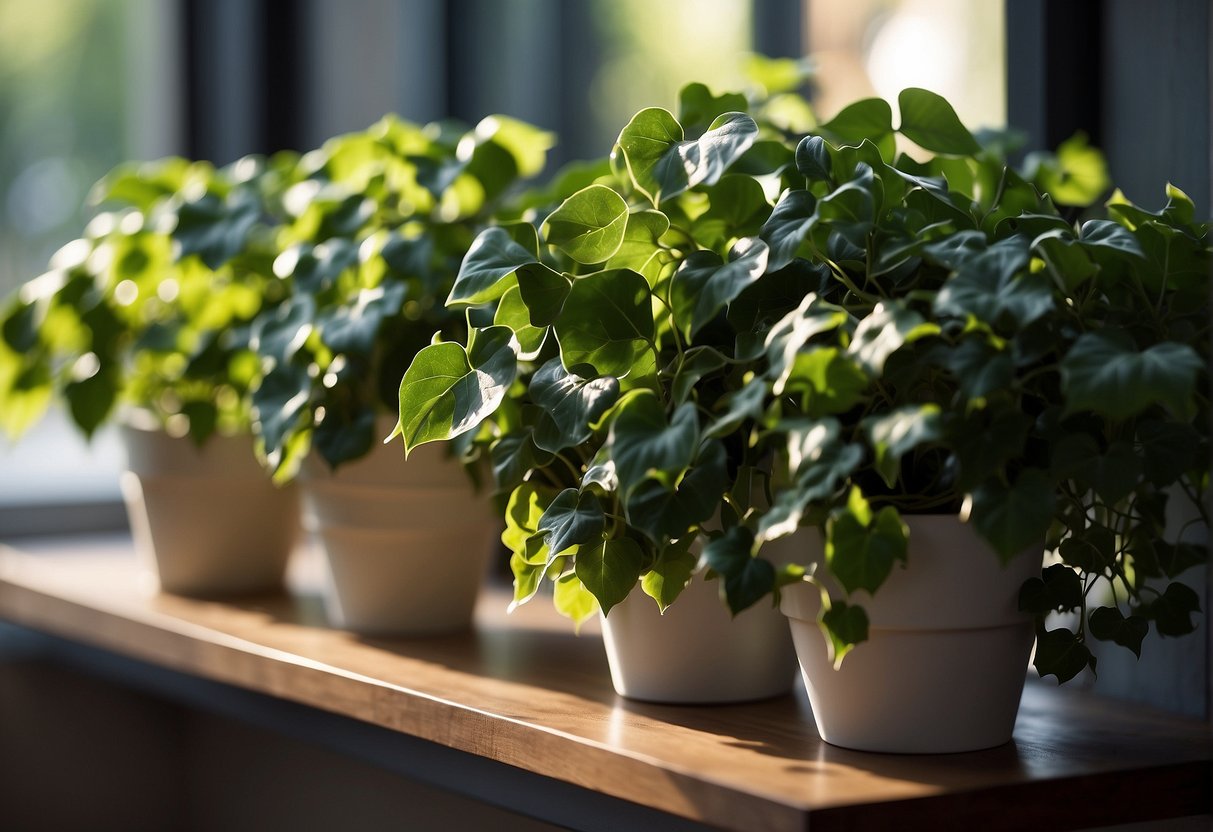 A variety of ivy plants displayed on a shelf, with different sizes, shapes, and colors. Sunlight streams in through a nearby window, casting a warm glow on the leaves