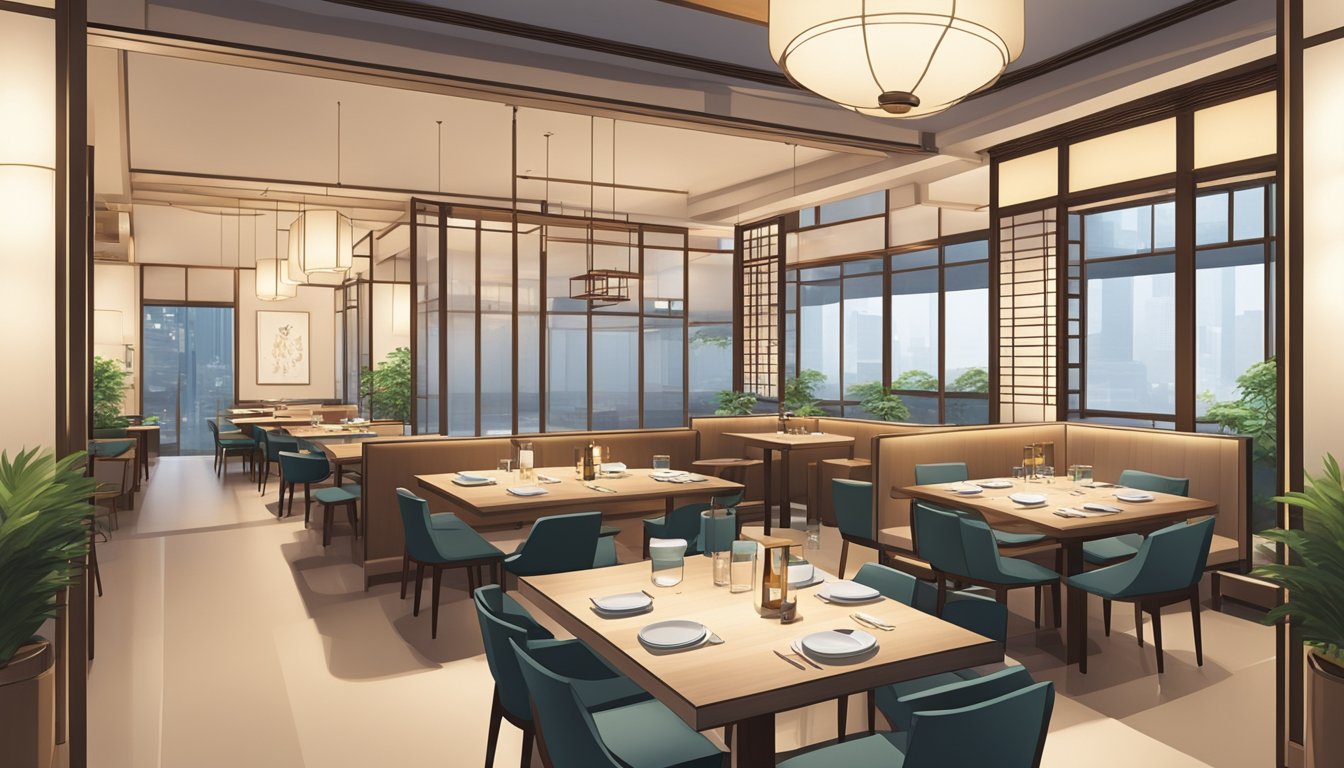 The Japanese restaurant in Raffles Place exudes a serene ambiance with minimalist decor and soft lighting, creating a tranquil dining experience
