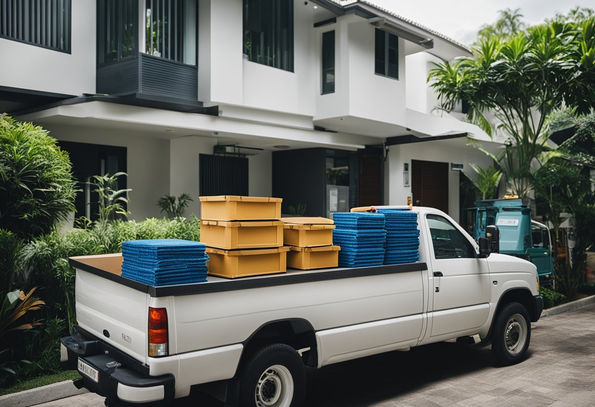 A truck parked outside a home, with a team of workers loading furniture onto it for donation pick up in Singapore