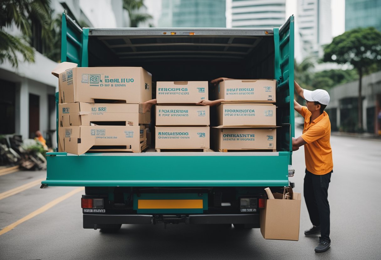 A person placing furniture items into a donation pick-up truck in Singapore