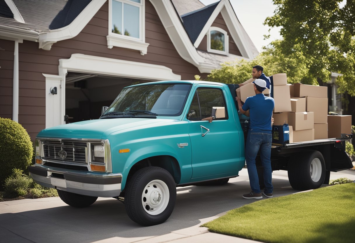 A smiling homeowner places unwanted furniture outside their home. A donation pick-up truck arrives, and workers load the items with ease