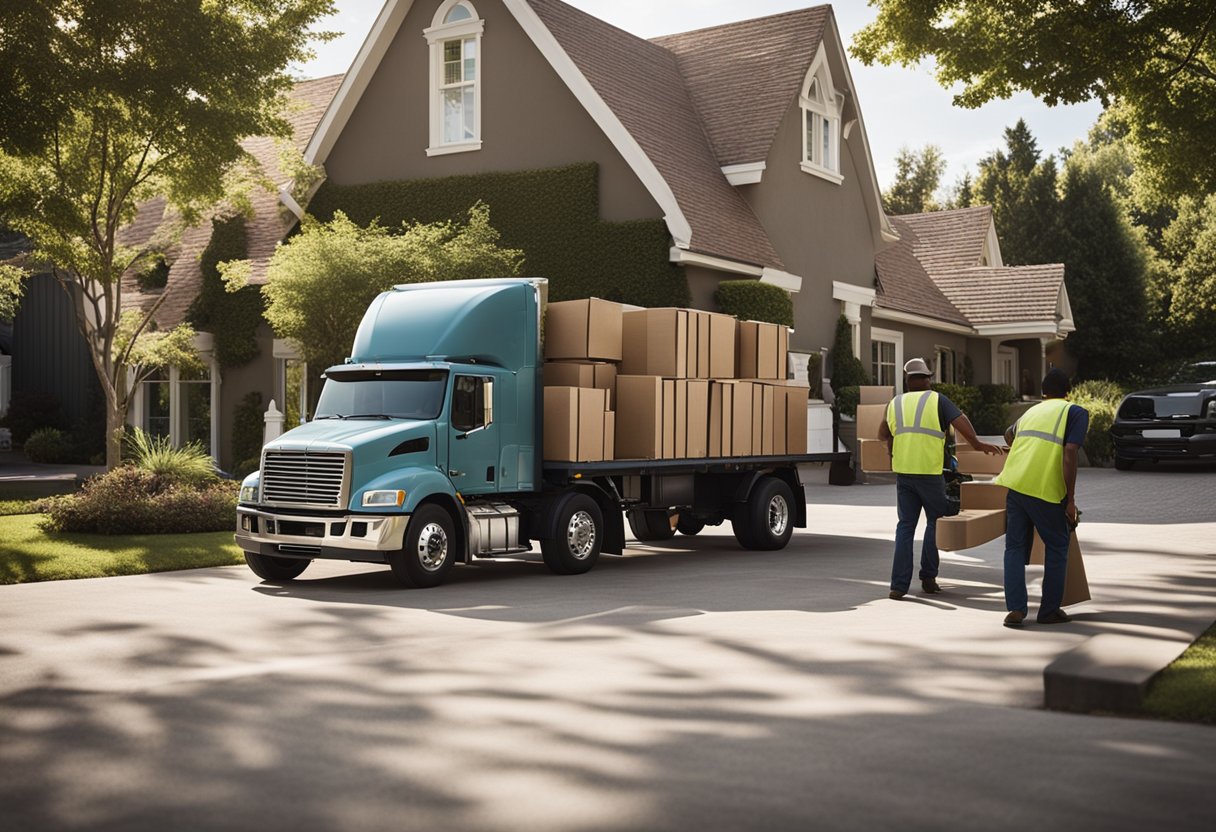 A truck parked outside a home, with a team of workers loading furniture into it for donation