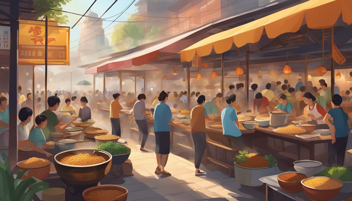 A bustling hawker center with steaming pots, fragrant rice, and succulent chicken, surrounded by eager diners and colorful signage