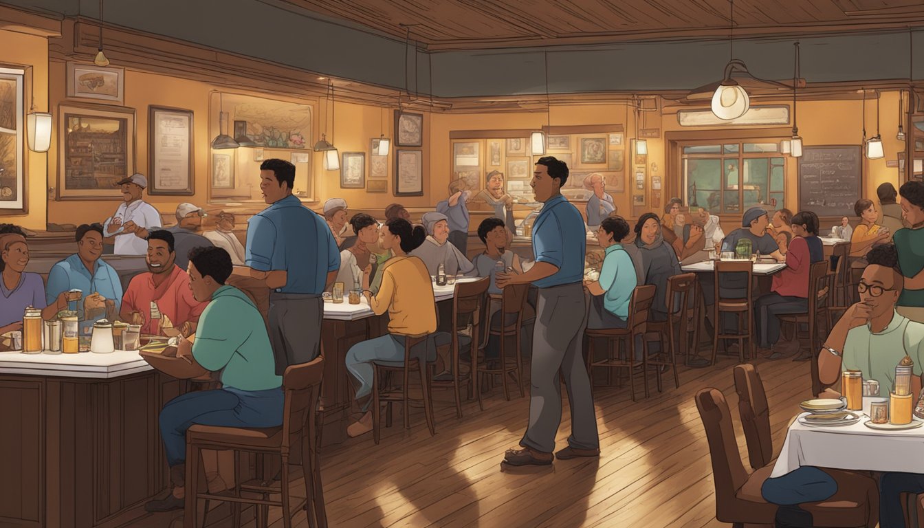 A bustling restaurant with dim lighting, cozy booths, and a central bar. Patrons chat and laugh over plates of steaming food, while waitstaff hurry between tables