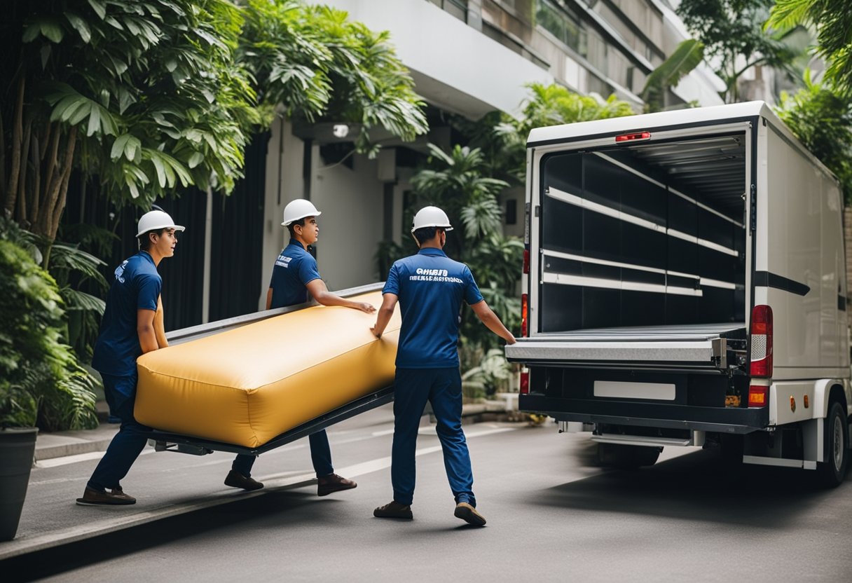A team of furniture movers in Singapore carefully transport a heavy sofa through a narrow doorway