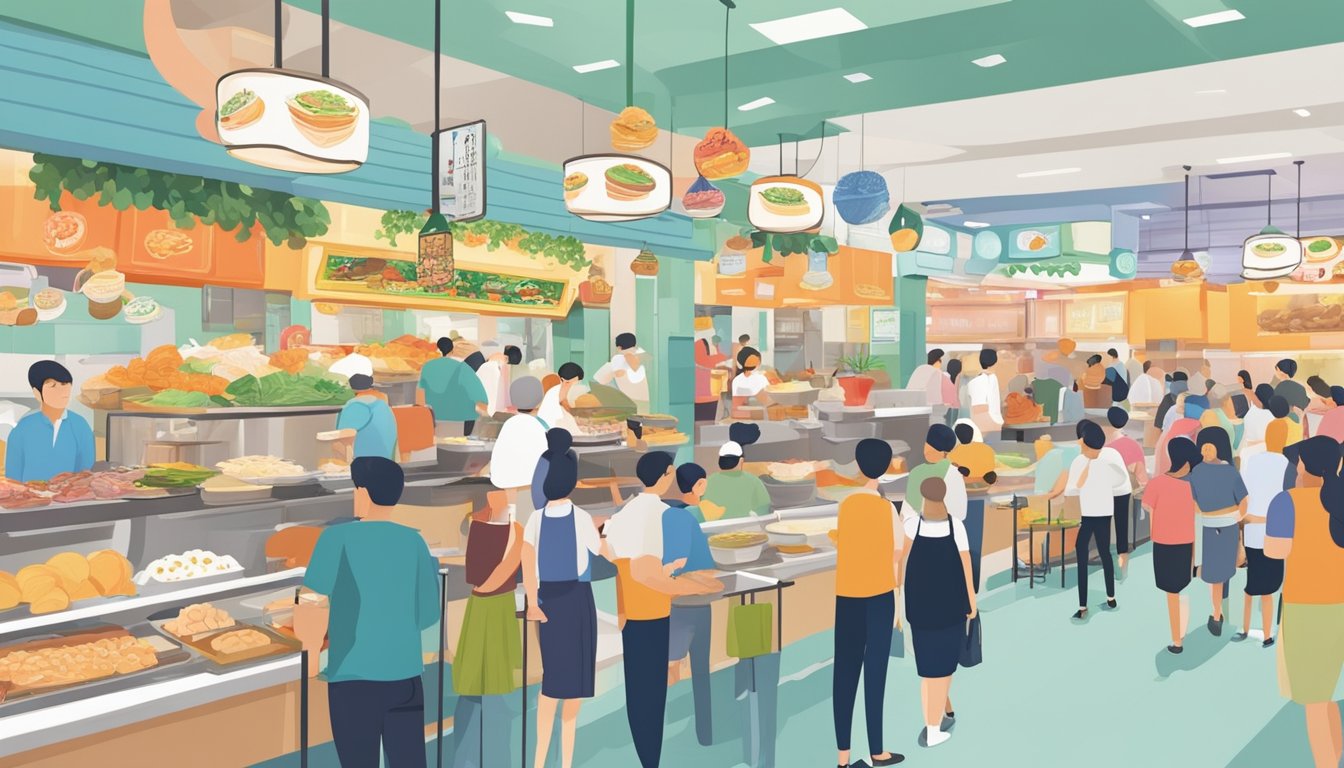 A bustling food court at Tiong Bahru Plaza, filled with colorful stalls and aromatic dishes. Customers eagerly line up to sample a variety of culinary delights from local and international cuisines