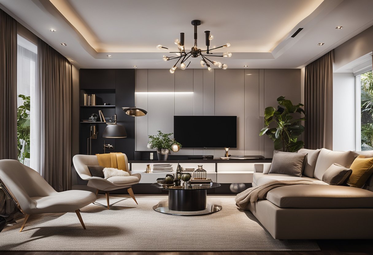 A living room with track lighting highlighting modern furniture and decor
