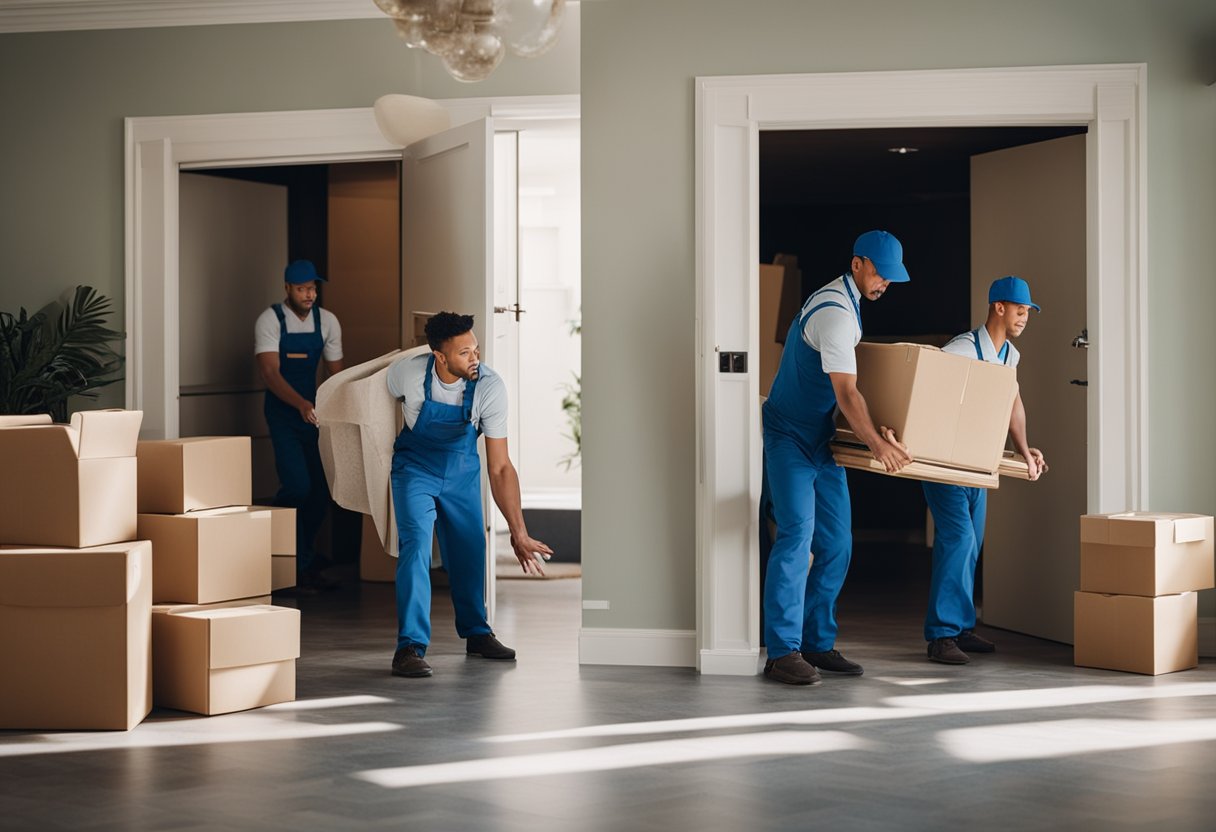 A team of movers carefully maneuvering furniture through a narrow doorway in a well-lit room