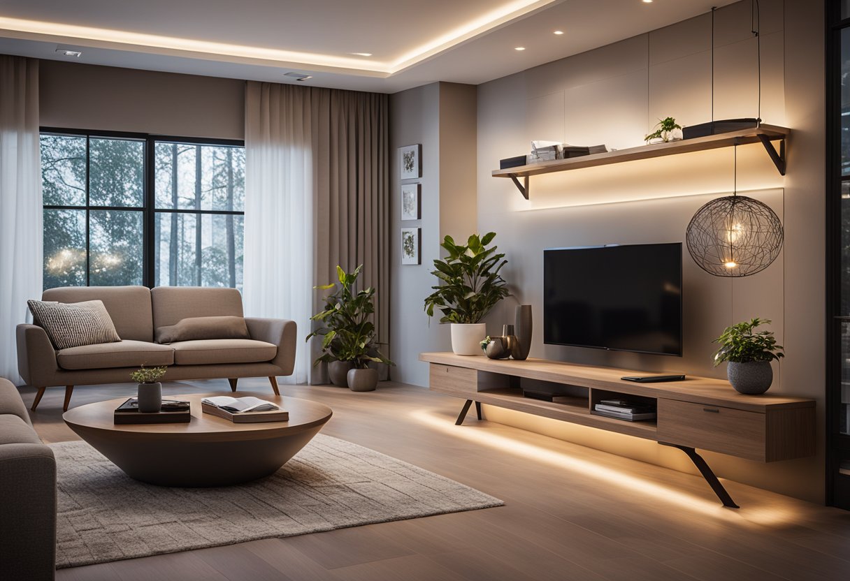 A modern living room with track lighting illuminating the space, casting a warm glow on the sleek furniture and accentuating the clean lines and contemporary design elements