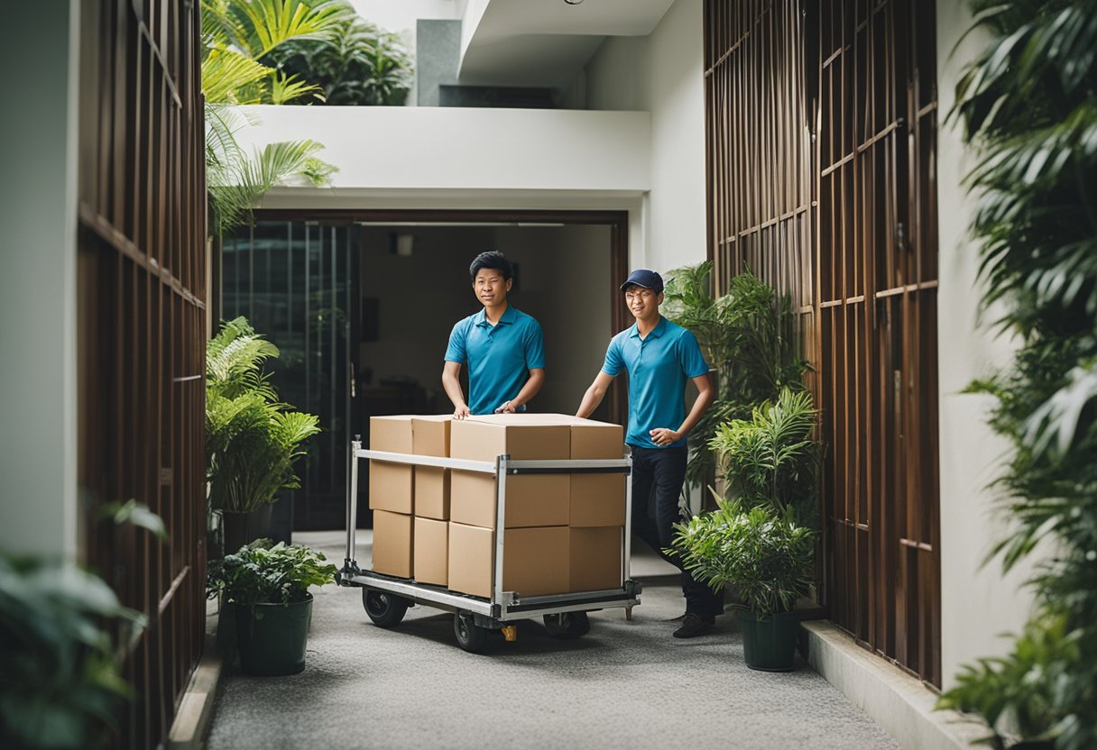 A group of movers carefully transporting furniture through a narrow doorway in a Singaporean home