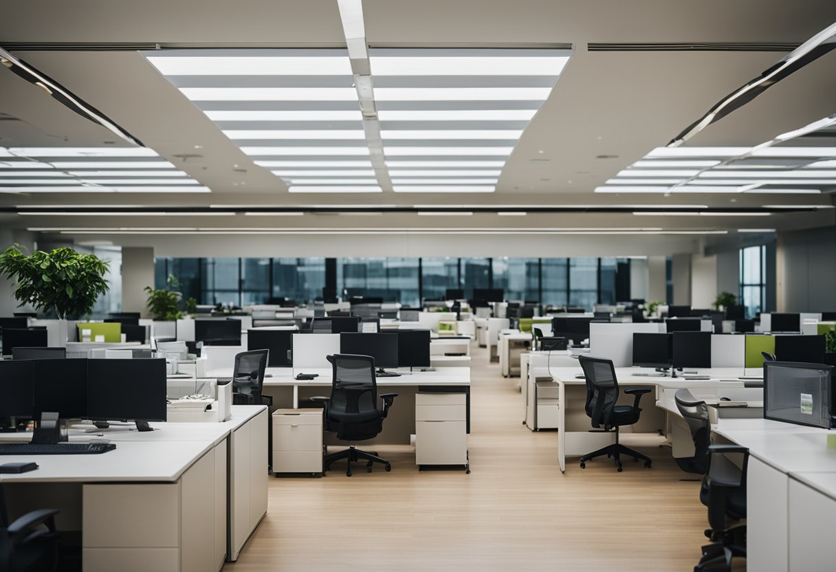 A bustling office space in Singapore, filled with rows of neatly arranged, gently worn office furniture. The room exudes a sense of productivity and efficiency, with the furniture waiting to serve its new purpose