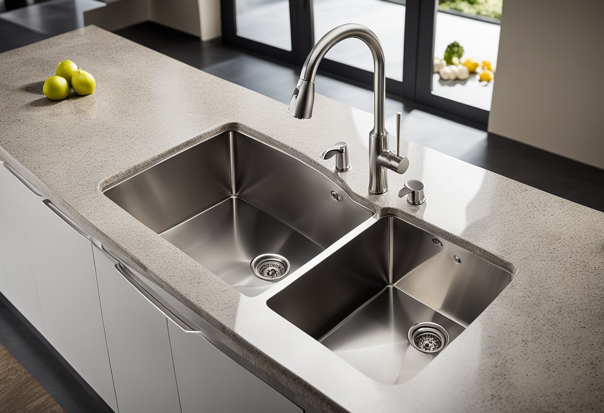 A modern stainless steel kitchen sink with a pull-down faucet and double basin, surrounded by granite countertops and sleek cabinetry. Price tags and product specifications are displayed nearby