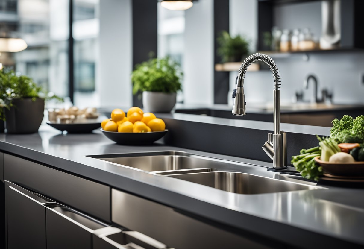 A modern kitchen sink with sleek stainless steel design and a price tag displayed nearby