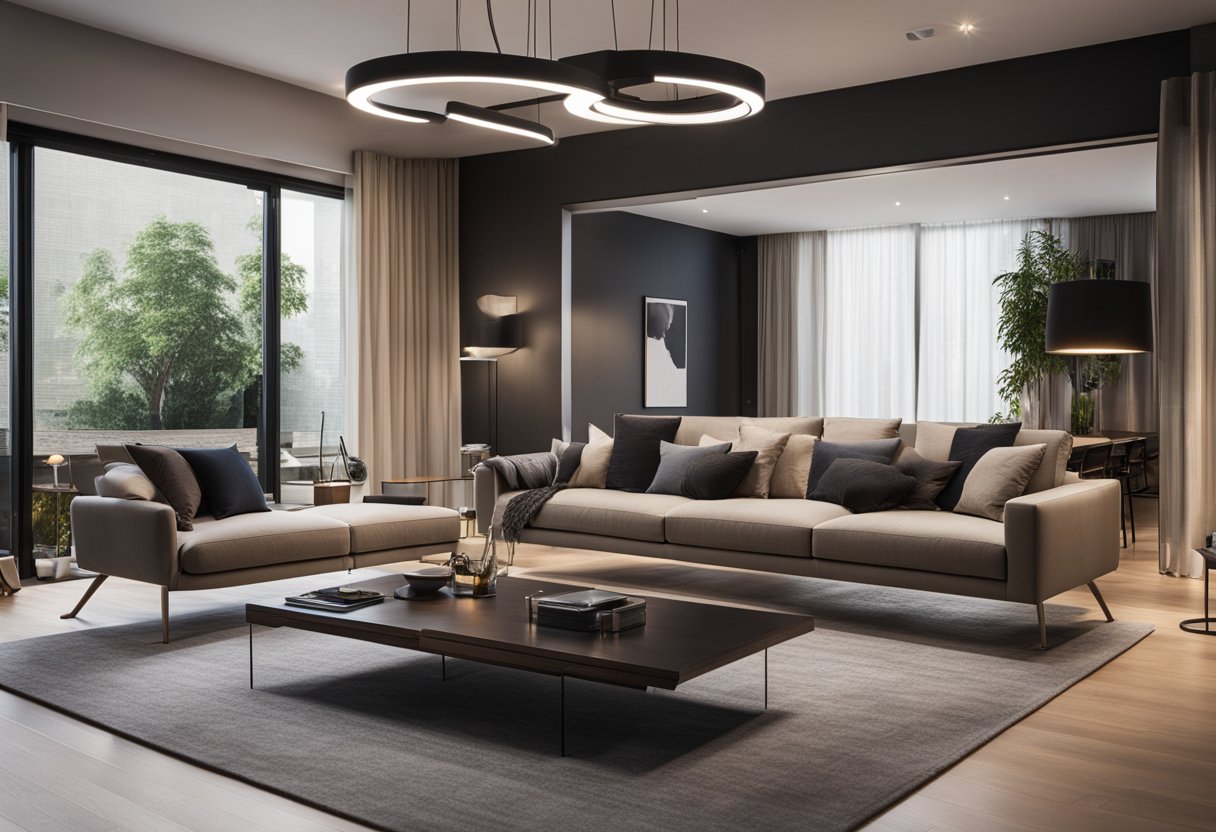 A modern living room with a sleek track light system illuminating the space, creating a stylish and functional design