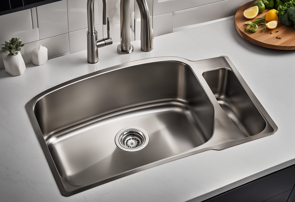 A modern stainless steel kitchen sink with a sleek design and price tag displayed next to it, surrounded by various quality considerations such as material options and installation features