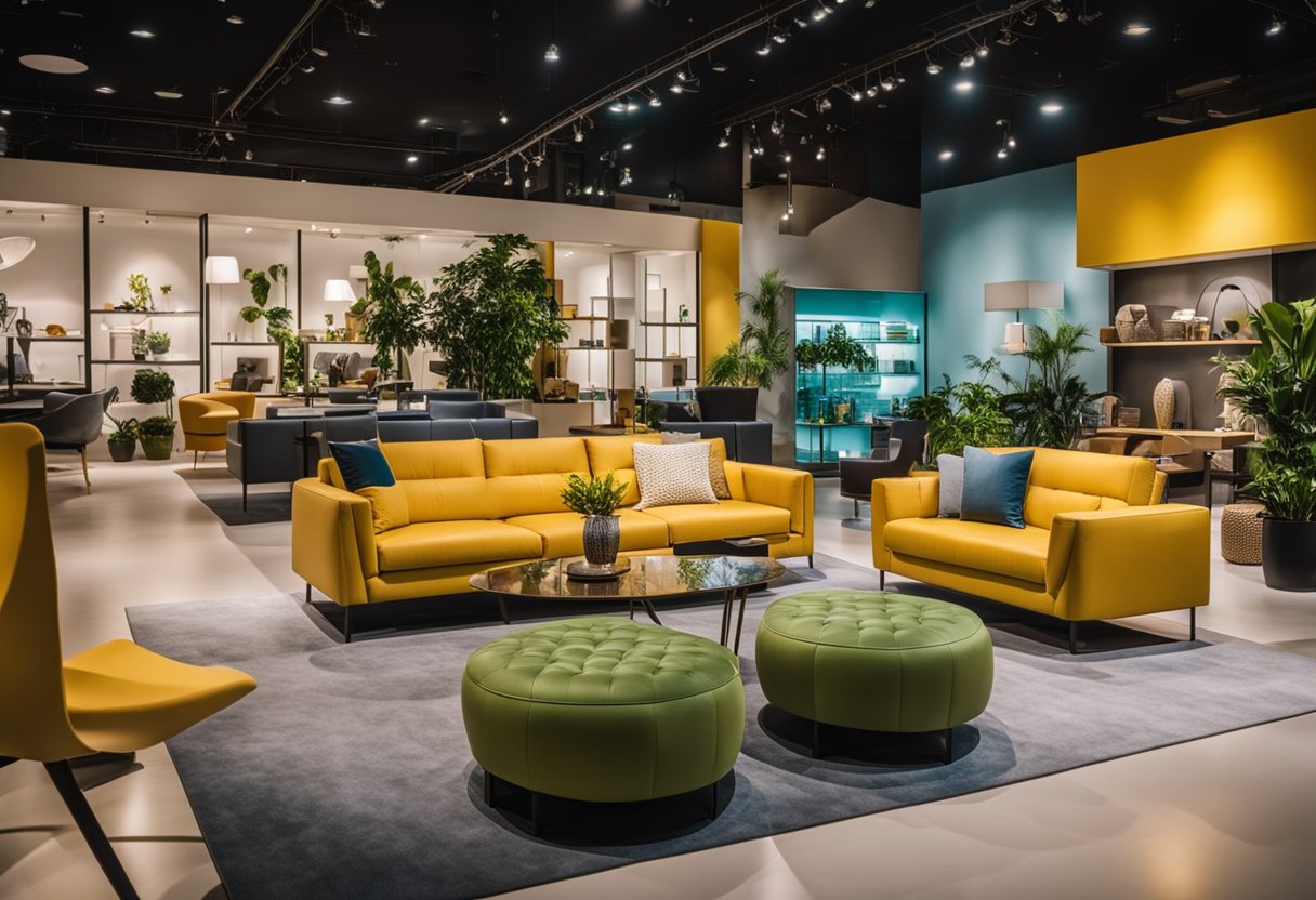 A modern furniture showroom with sleek designs and vibrant colors, showcasing Wihardja furniture in Singapore