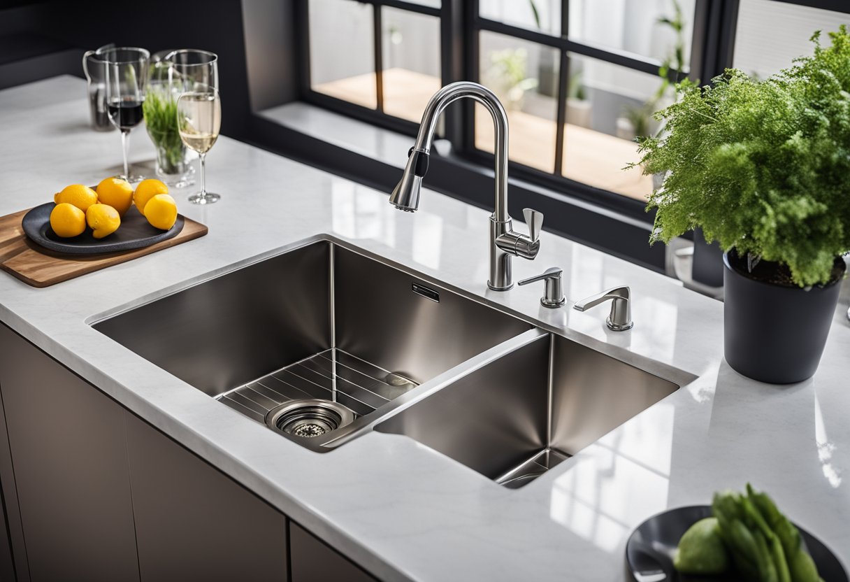A modern kitchen sink with sleek design and price tag displayed