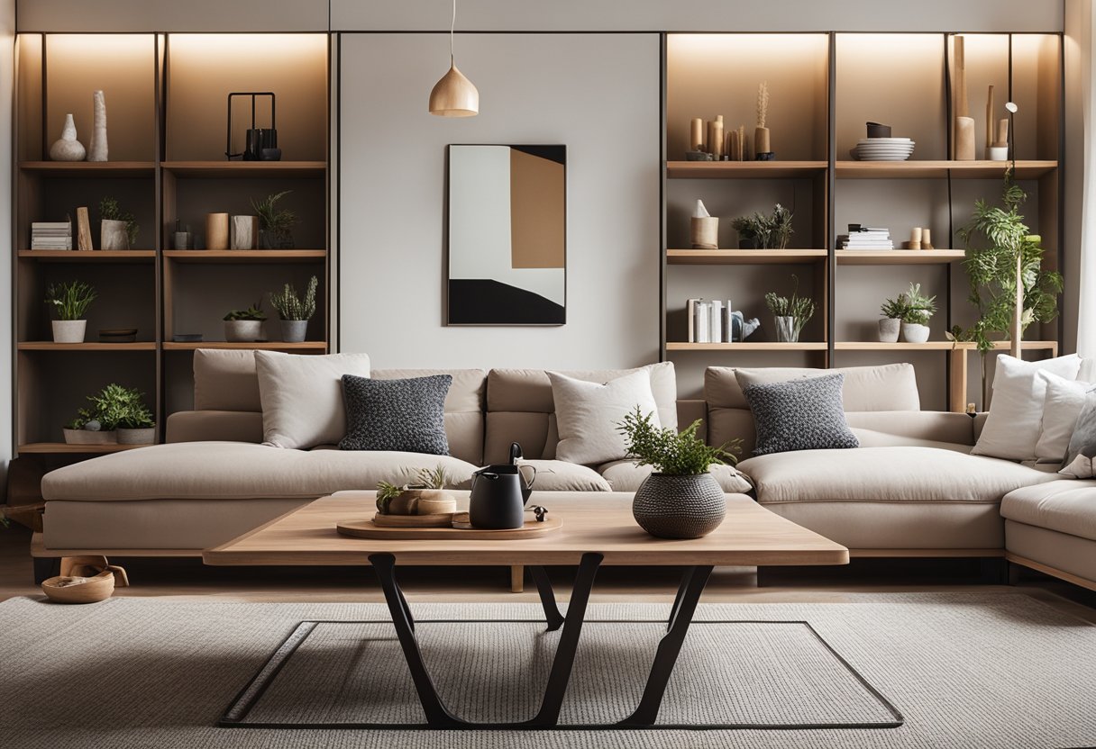 A cozy living room with Wihardja furniture, featuring a sleek wooden coffee table, a comfortable sofa, and stylish shelves filled with decorative items