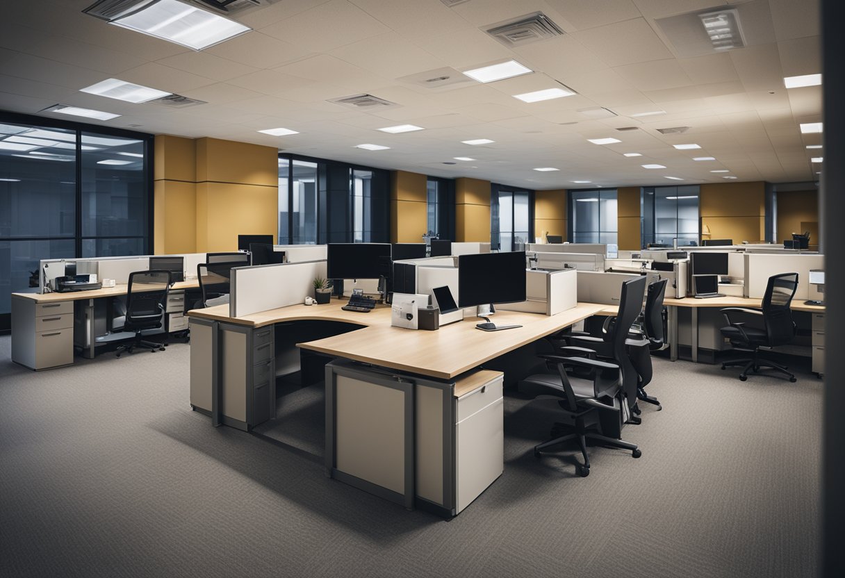 An office space with pre-owned furniture arranged to maximize efficiency and functionality. Shelves, desks, and chairs fill the room, creating a practical and organized workspace