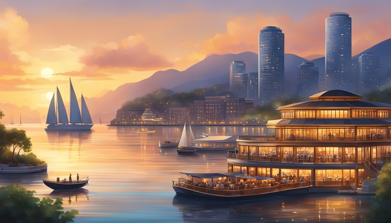 The bustling Victoria Harbour restaurant overlooks a picturesque waterfront, with boats gliding across the glistening water under the warm glow of the setting sun