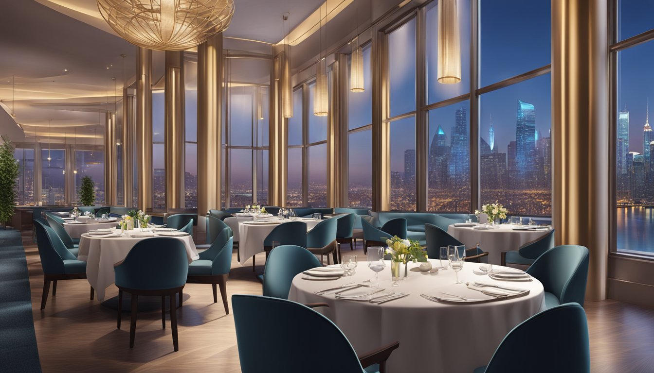The elegant Elemem restaurant features a modern interior with sleek furniture, soft lighting, and a stunning view of the city skyline