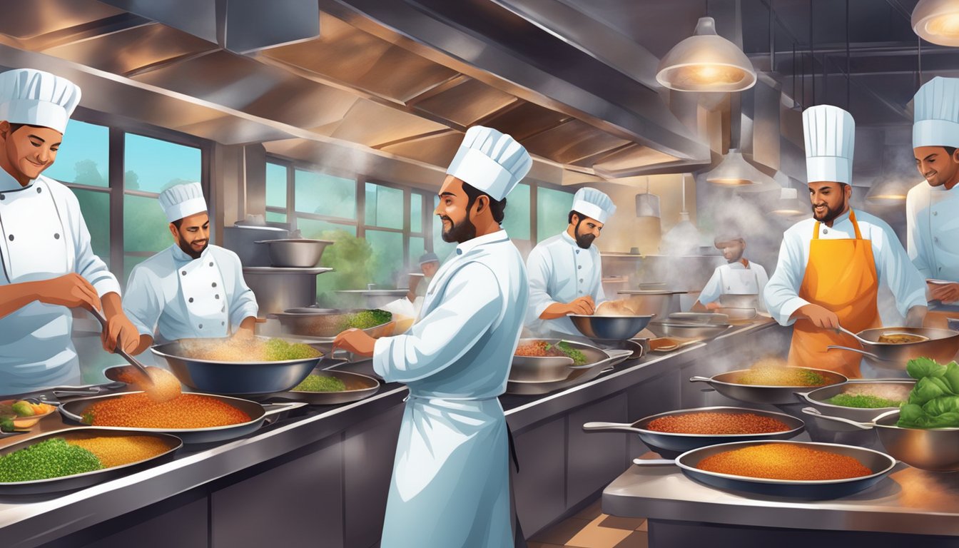 A bustling kitchen with chefs preparing colorful dishes amidst sizzling pans and aromatic spices at Culinary Delights restaurant
