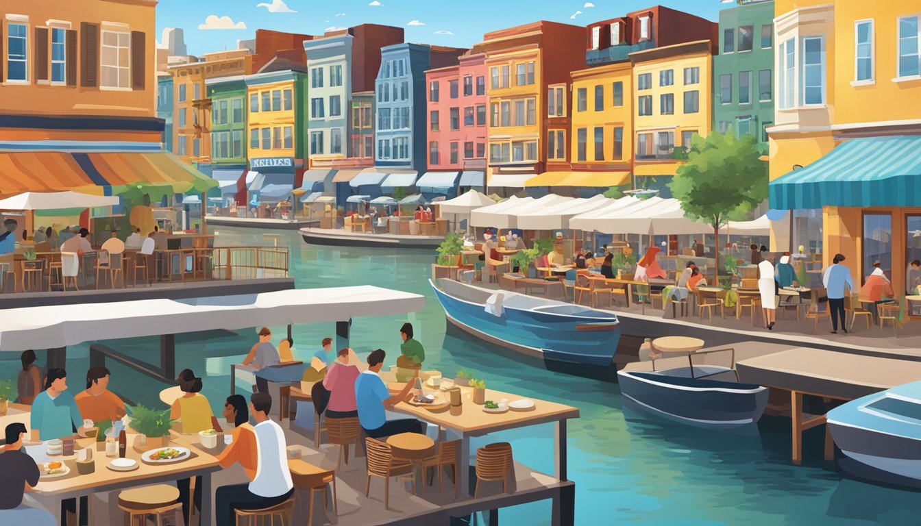 A bustling waterfront scene with colorful restaurant facades lining the harbor, with a variety of cuisines on display and people enjoying outdoor dining