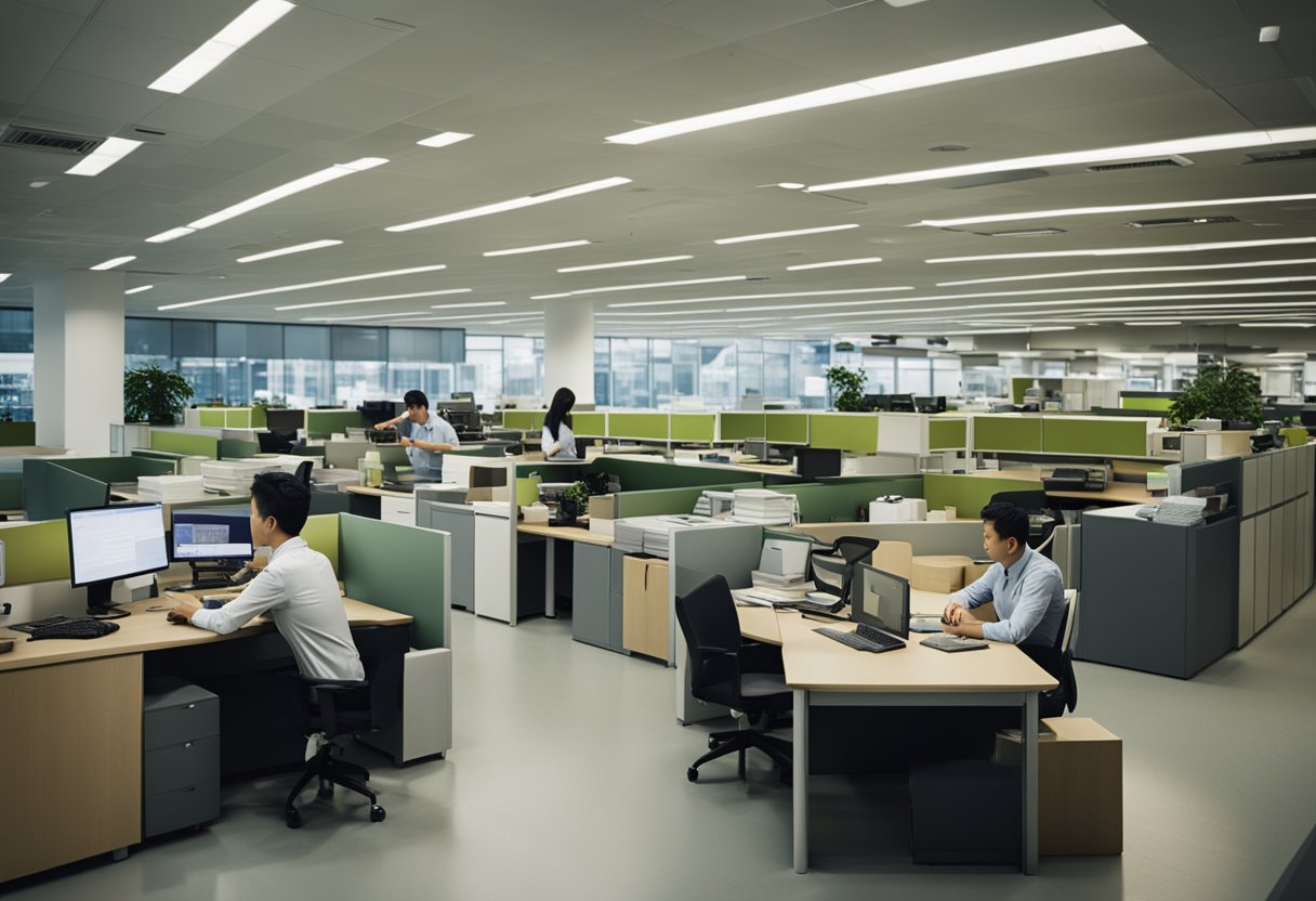 A busy office with employees browsing through catalogs of used furniture. A sign reads "Frequently Asked Questions" about buying used office furniture in Singapore