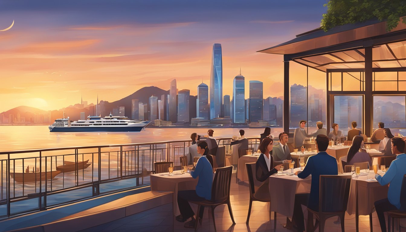 A bustling waterfront restaurant overlooks Victoria Harbour at sunset, with boats gliding across the water and the city skyline in the background