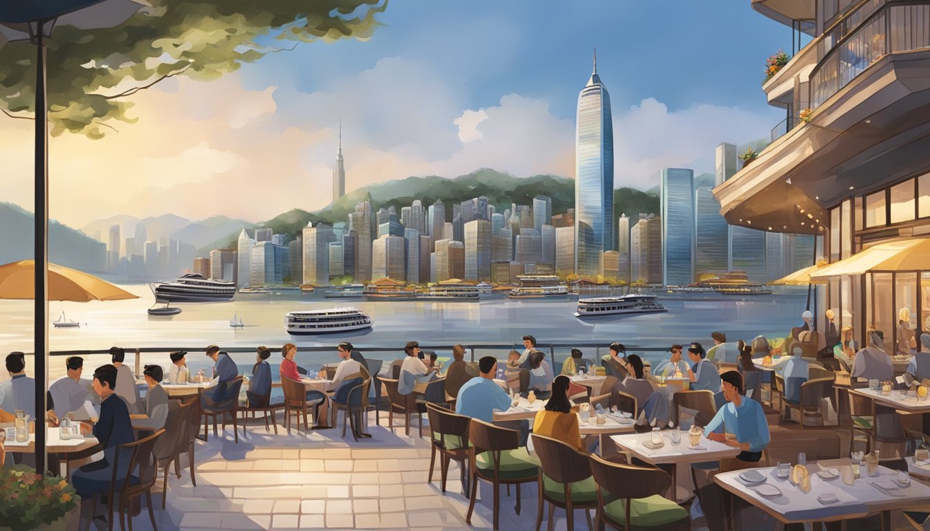The bustling Victoria Harbour restaurant overlooks the water, with boats gliding by and the city skyline in the background. The outdoor seating area is filled with patrons enjoying their meals