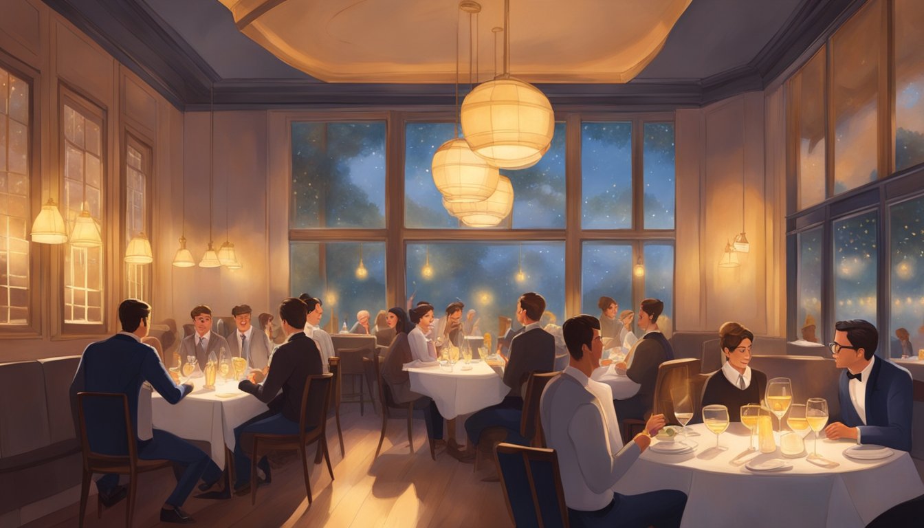 The restaurant buzzes with chatter and clinking glasses. Waiters move gracefully, delivering steaming plates to eager diners. A warm glow emanates from the soft lighting, creating a cozy and inviting atmosphere