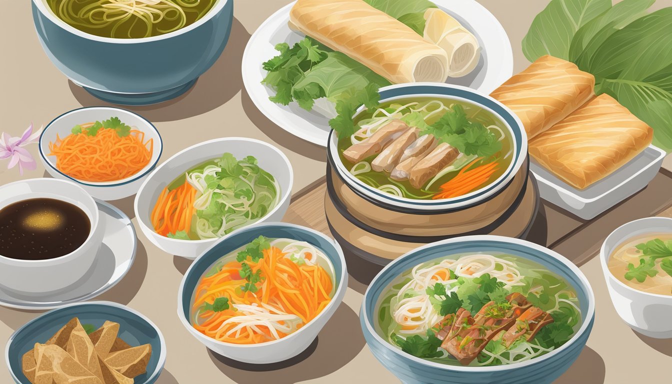 A table set with steaming bowls of pho, colorful banh mi sandwiches, and fragrant spring rolls at Long Phung Vietnamese Restaurant