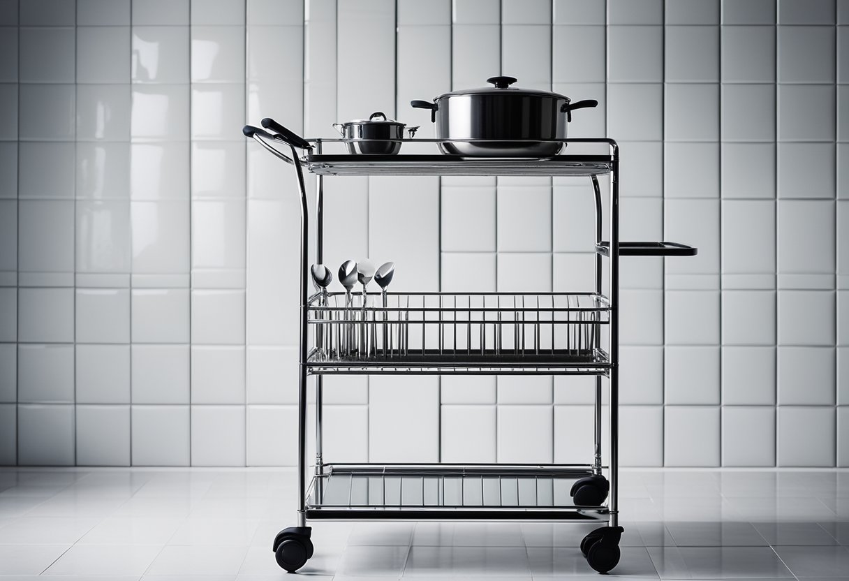 A sleek, modern kitchen trolley sits against a white tiled backdrop, showcasing a minimalist design with clean lines and ample storage space