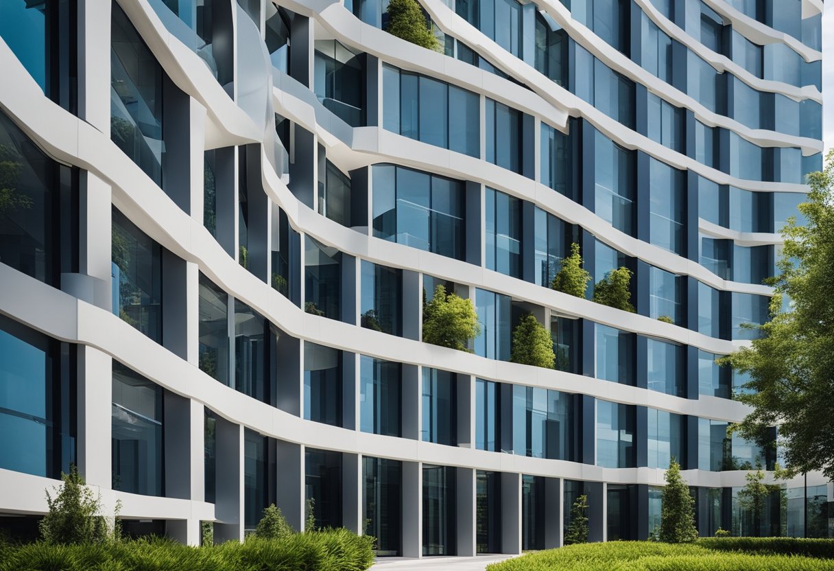The modern office building stands tall with sleek glass windows and a minimalist facade, surrounded by lush landscaping and a clean, well-maintained exterior