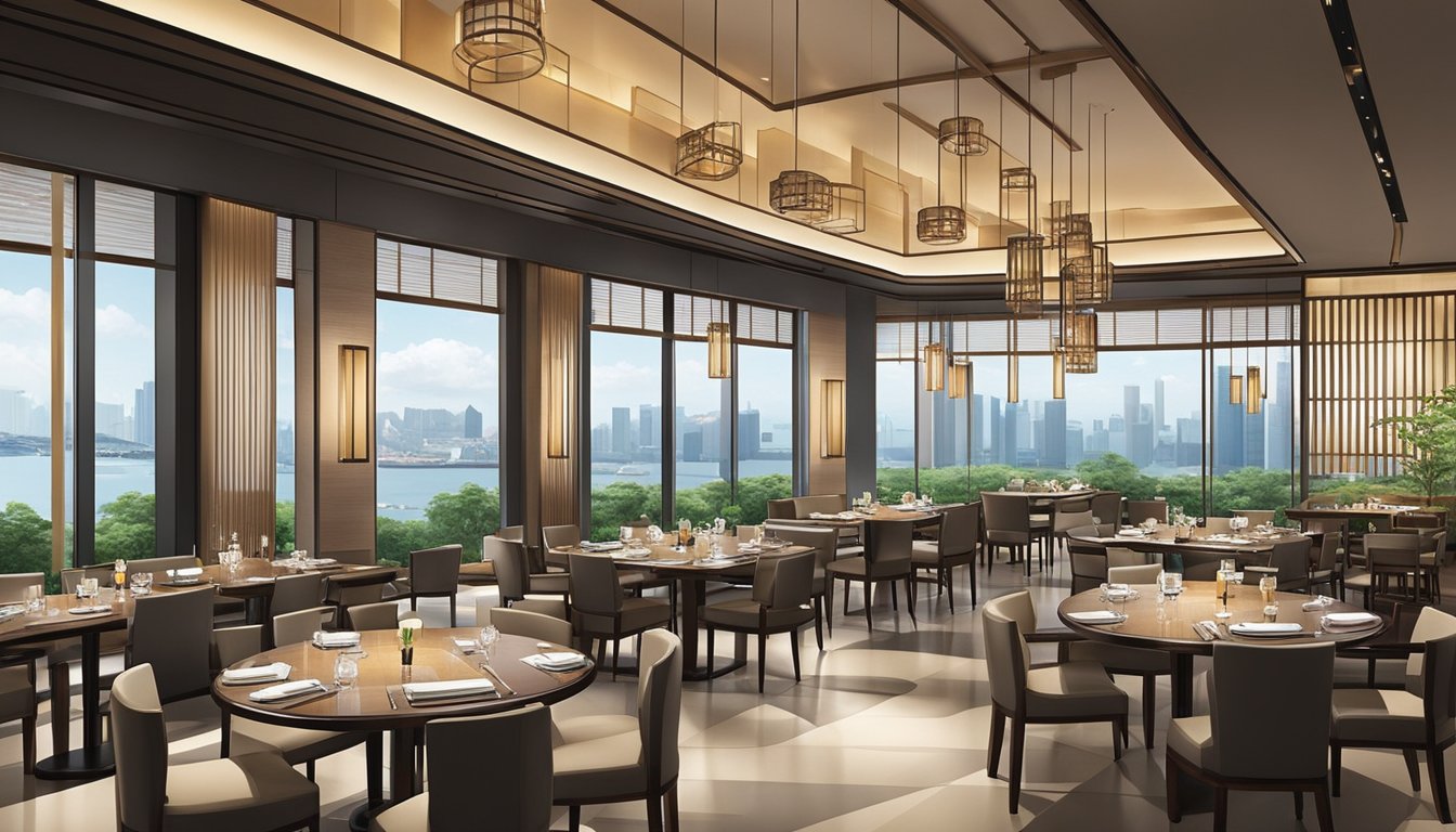 The Japanese restaurant at Marina Bay Sands features sleek, modern decor with traditional Japanese elements. The elegant interior includes a sushi bar, private dining areas, and panoramic views of the city skyline
