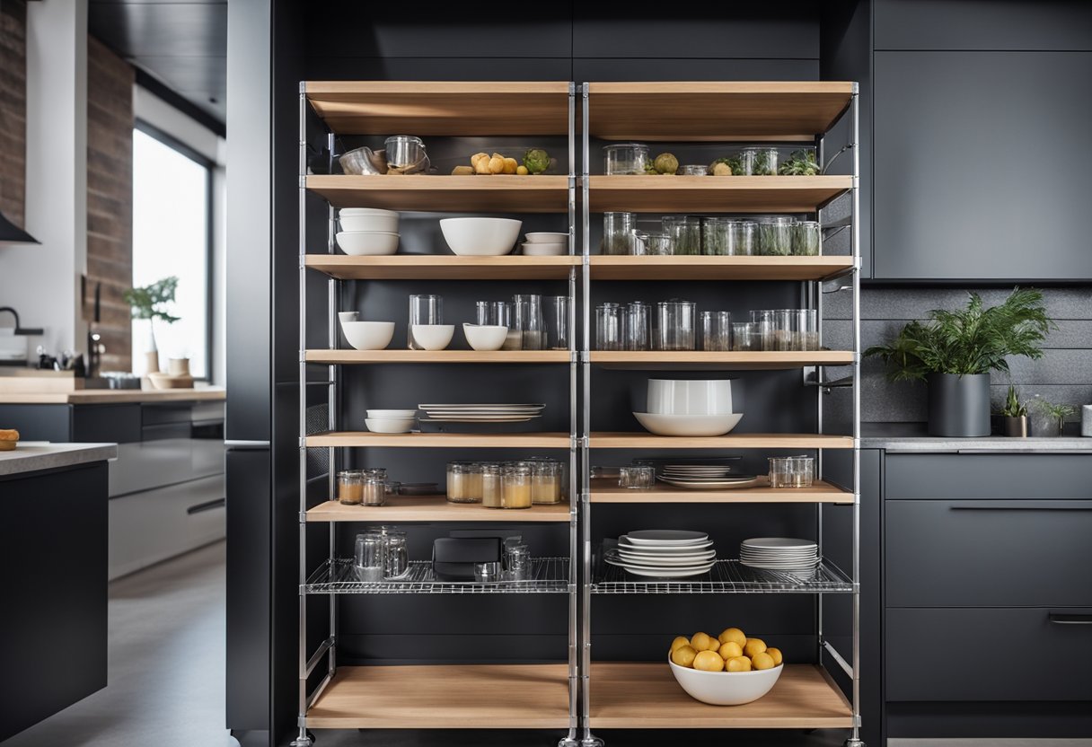 A sleek, modern kitchen trolley with multiple shelves and compartments, featuring innovative design elements such as foldable surfaces and built-in storage solutions
