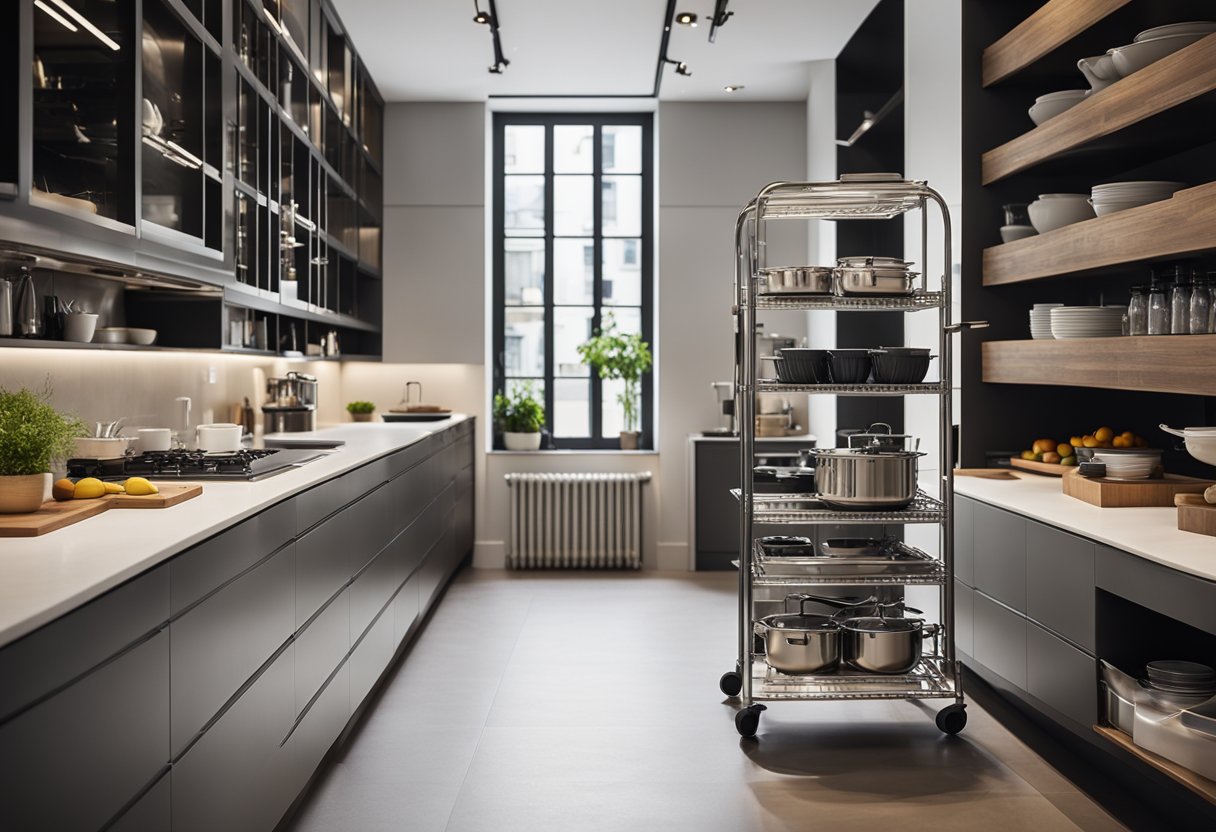 A spacious, well-organized kitchen with a sleek, modern trolley. Shelves and drawers hold utensils and cookware. The trolley seamlessly blends with the overall design