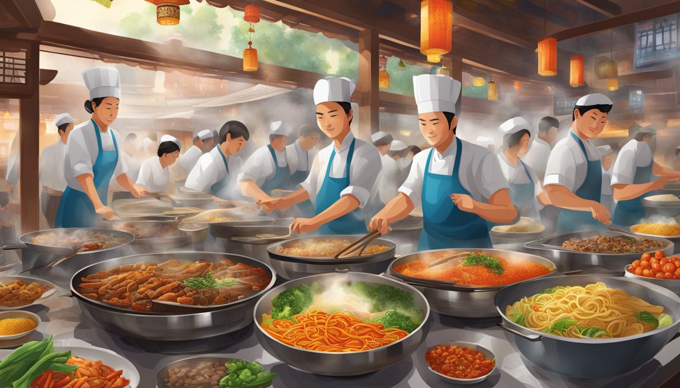 A bustling yuan restaurant, with steaming woks and colorful ingredients on display, filled with the aroma of sizzling spices and savory dishes