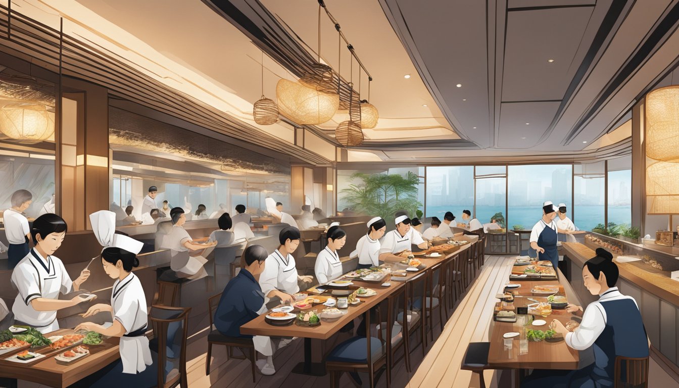 A bustling Japanese restaurant at Marina Bay Sands, with sushi chefs expertly slicing fresh fish and diners enjoying traditional dishes