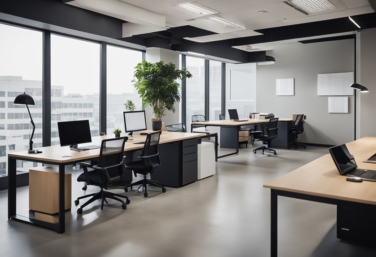 A modern office with clean lines, minimalistic furniture, and ample natural light. The workspace is organized and uncluttered, with a focus on functionality and productivity
