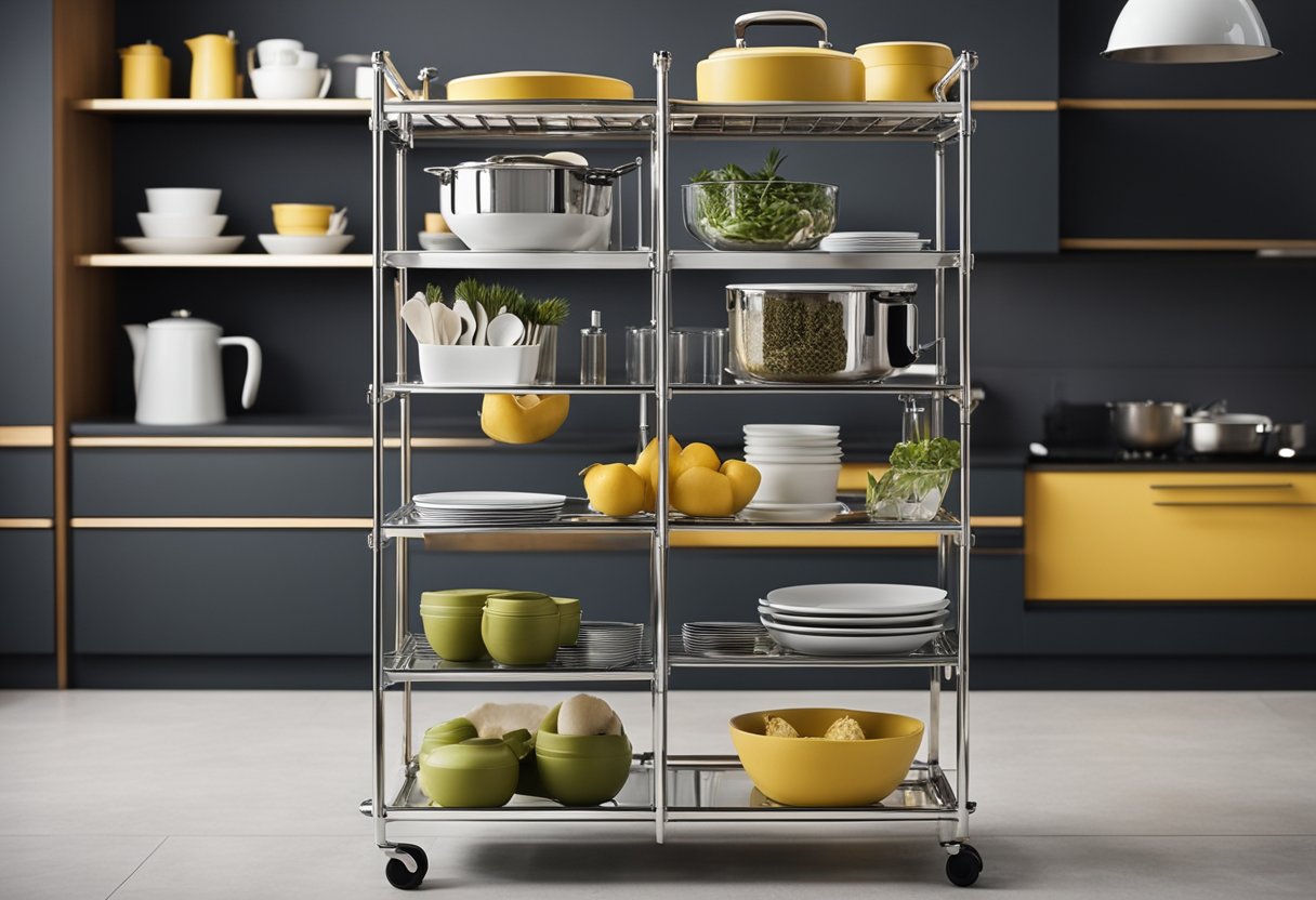 A sleek, modern kitchen trolley with multiple shelves and compartments, showcasing various kitchen utensils, appliances, and decorative items